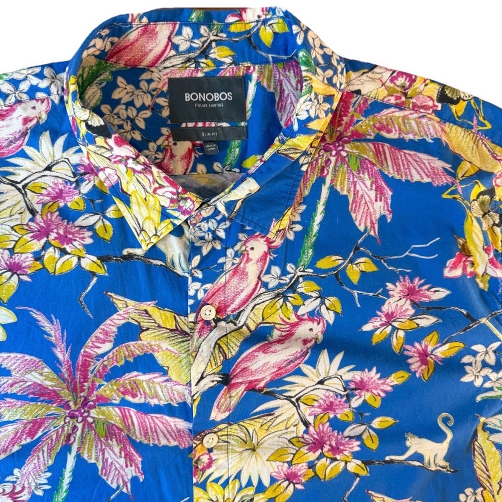 Bonobos XXL Tropical Birds Cotton Shirt Slim Fit Blue Floral Resort Hawaiian